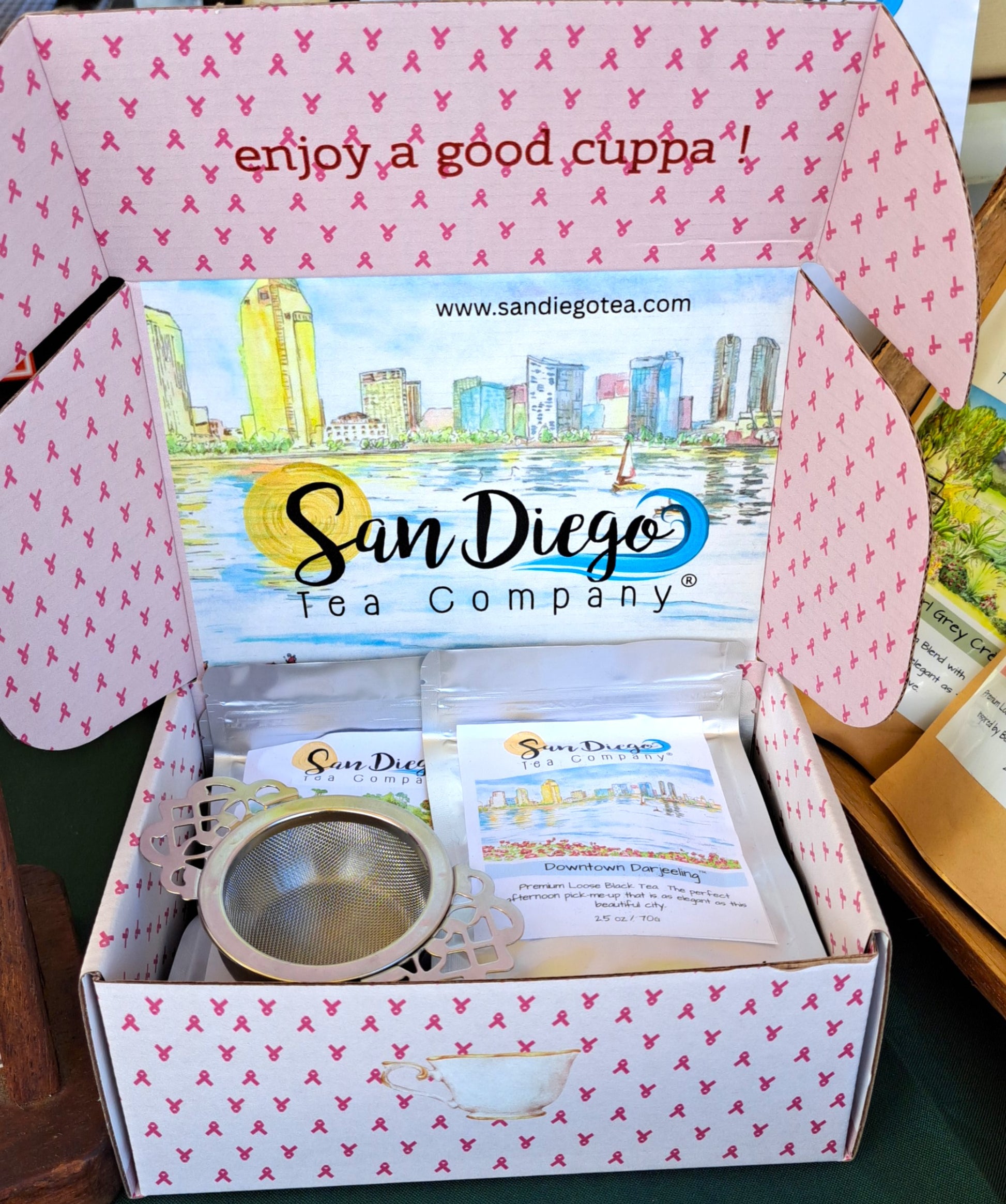 San Diego Tea Company tea set packaging with pink and white design