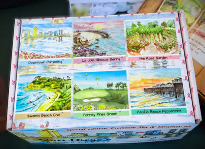 Loose Tea & steel strainer gift box set with scenic illustrations of San Diego and text in a sturdy box